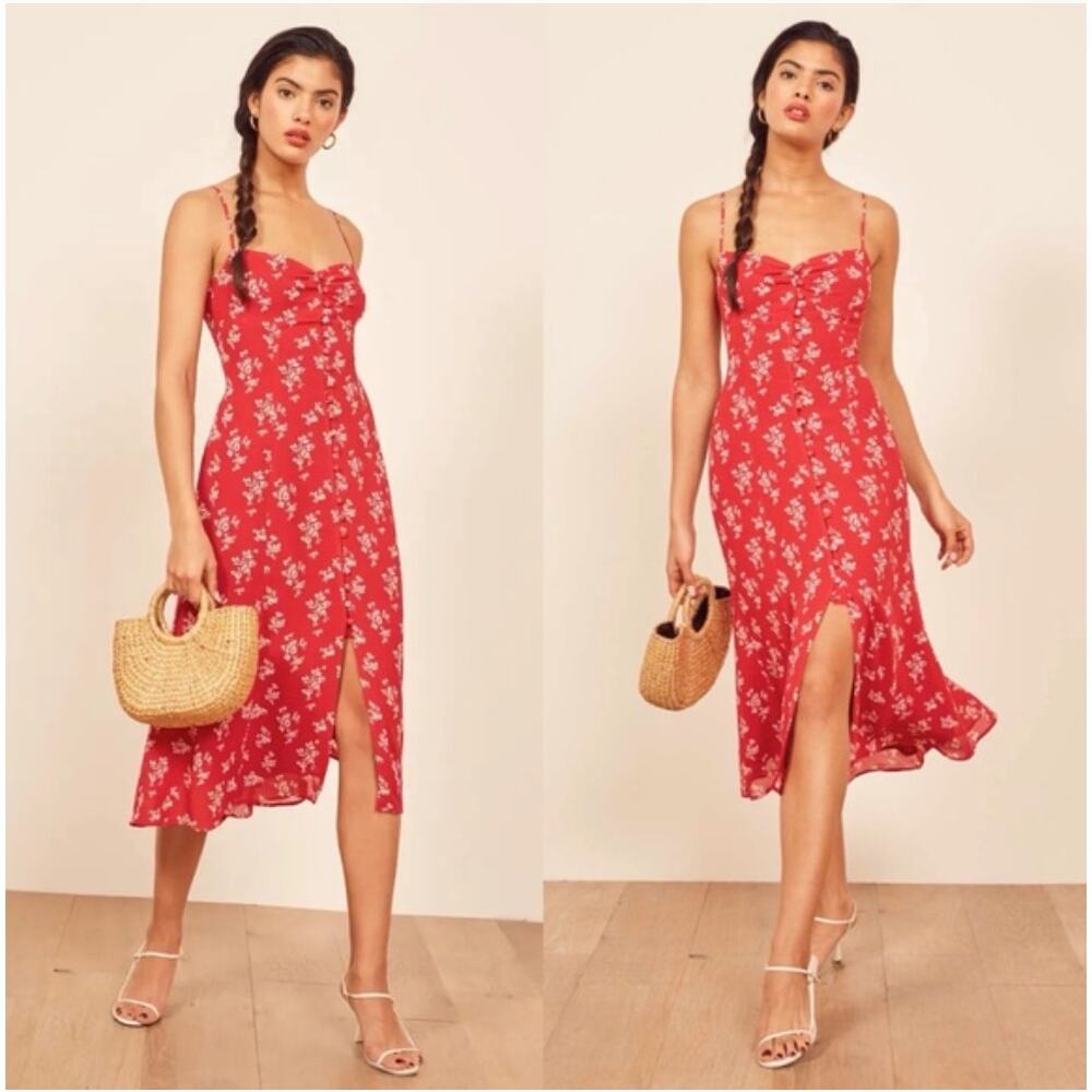 Reformation $218 Cybill Sundress Red Floral Button Up Midi Dress